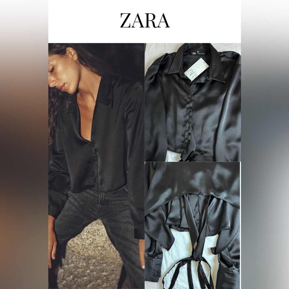 ZARA | Satin Effect Cropped Tie Back Shirt | Black | L